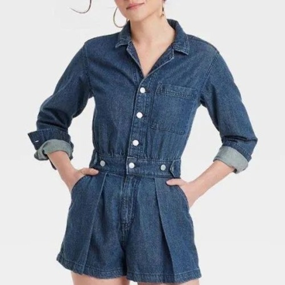 Universal Thread Denim Romper Medium Wash Long Sleeve Button Front Blue Size 16